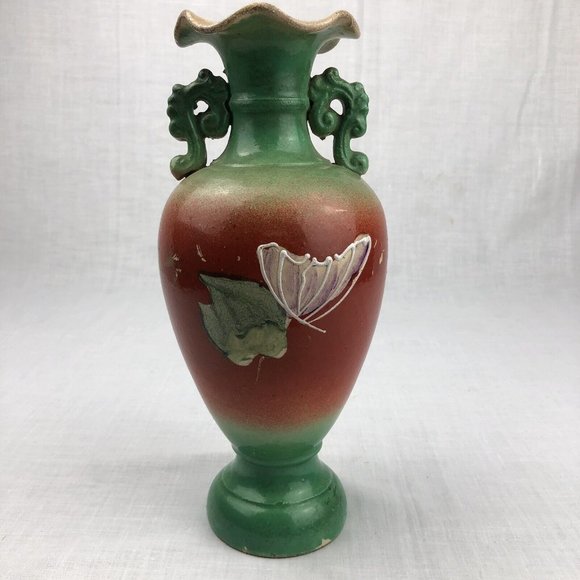 Vintage Moriage Floral Ceramic Vase - Green/Orange/Purple BOHO 10” Tall - Picture 9 of 16